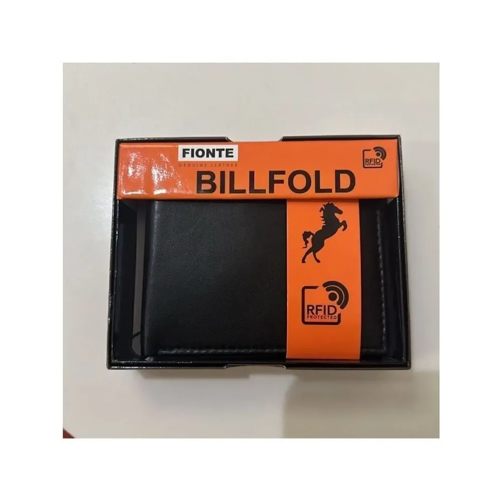 FIONTE RFID Black Men’s Genuine Leather Protected Billfold Bifold Wallet
